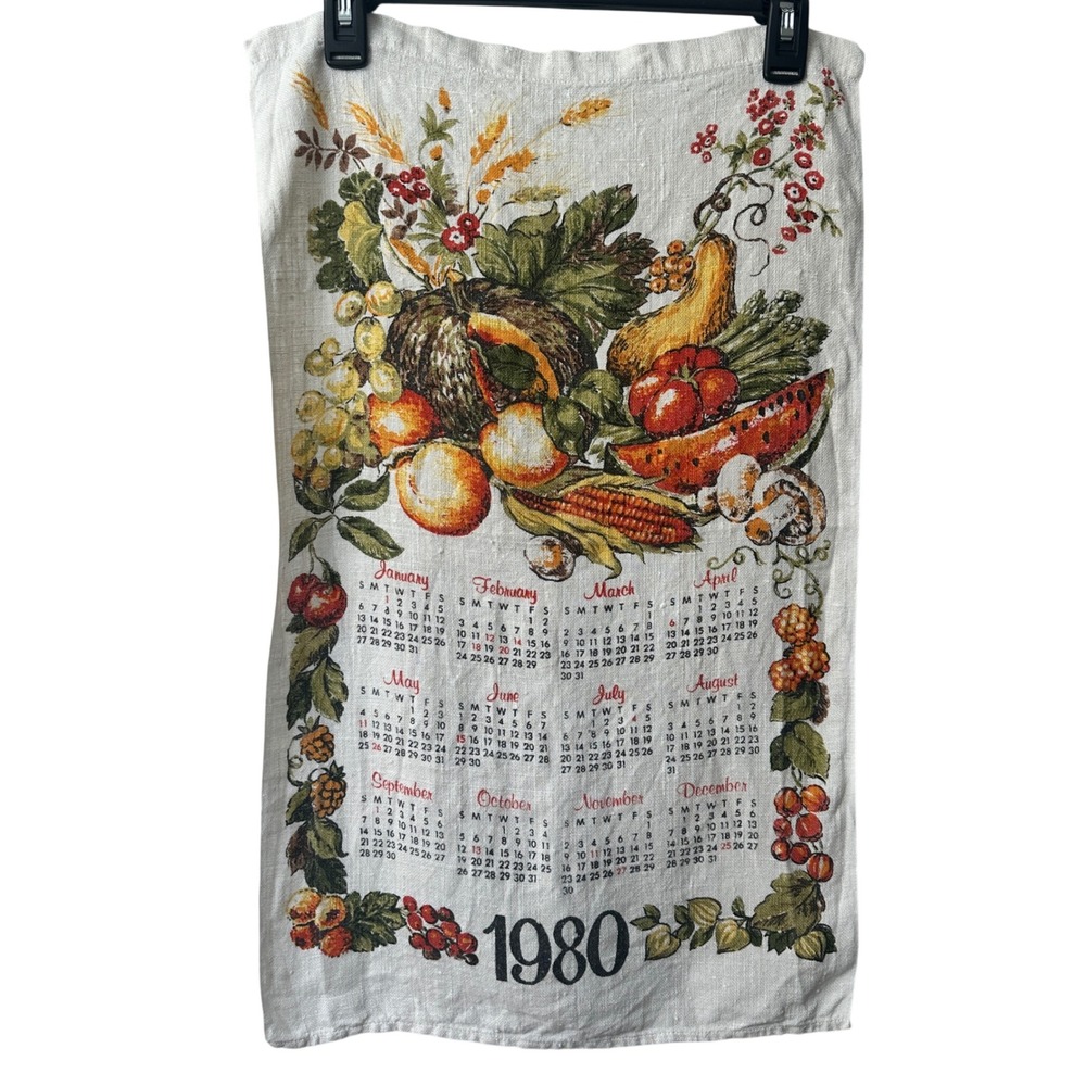 Vintage Linen Cloth 1980 Calendar Year Tea Towel Birthday Fall Harvest
